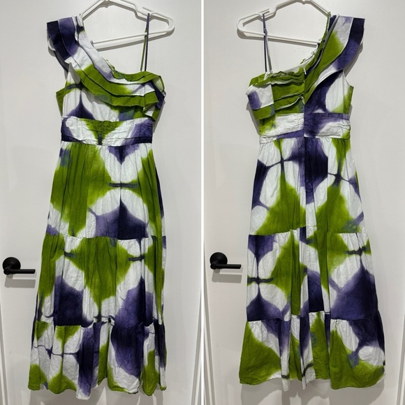 Busayo One Shoulder Ruffle Tie Dye Maxi Purple White and Green Dress - 4 - Picture 3 of 5